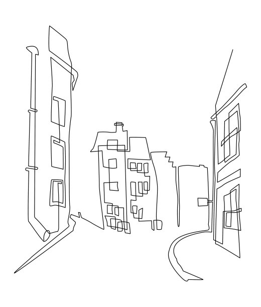 城市景观。古老的建筑。街道景观，低矮的房屋和古老的路灯。连续的线条画。矢量插图。图片下载