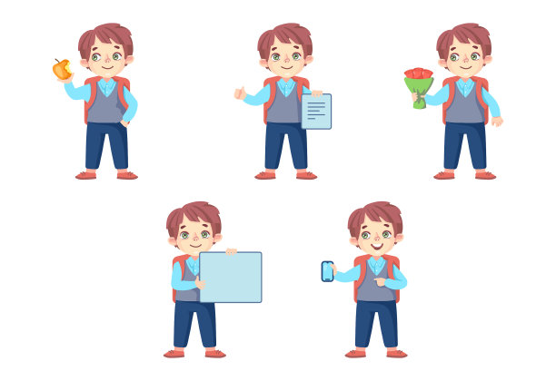 一套卡通男孩角色吃苹果，拿着手机，花束和空白横幅图片下载