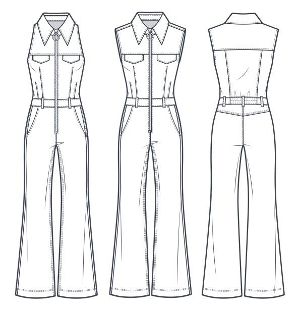 女士连体裤喇叭裤技术时尚插图。无袖连体衣时尚平面技术图纸模板，苗条适合，口袋，拉链，前后视图，白色，CAD模型集。图片下载