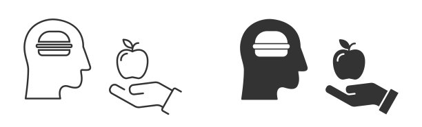 头上的汉堡和手上的苹果图标。思考的汉堡包。矢量插图。图片下载