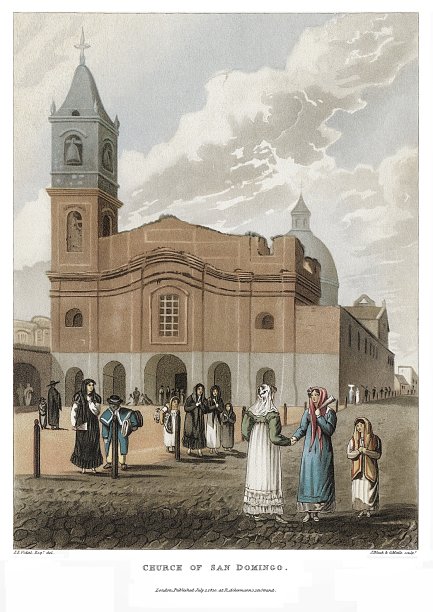 圣多明各教堂和布宜诺斯艾利斯的女性时尚，由布宜诺斯艾利斯和蒙特维迪亚1820年的风景如画的插图。图片下载