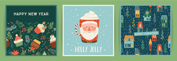 一套可爱的圣诞和新年贺卡图片下载