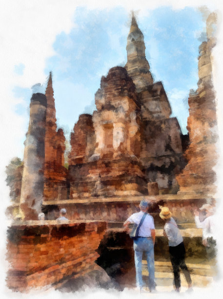 风景古遗址在素可泰世界遗产泰国水彩风格插画印象派绘画。图片下载