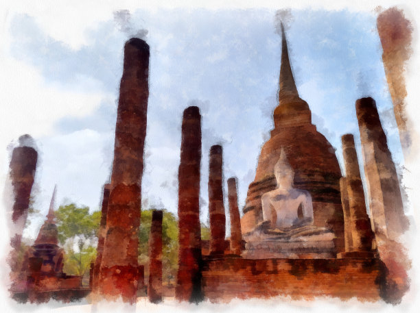 风景古遗址在素可泰世界遗产泰国水彩风格插画印象派绘画。图片下载