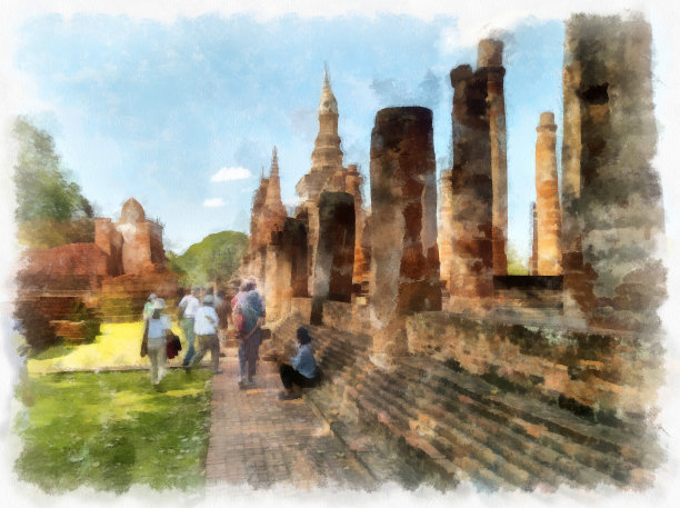风景古遗址在素可泰世界遗产泰国水彩风格插画印象派绘画。图片下载