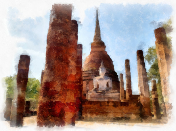 风景古遗址在素可泰世界遗产泰国水彩风格插画印象派绘画。图片下载
