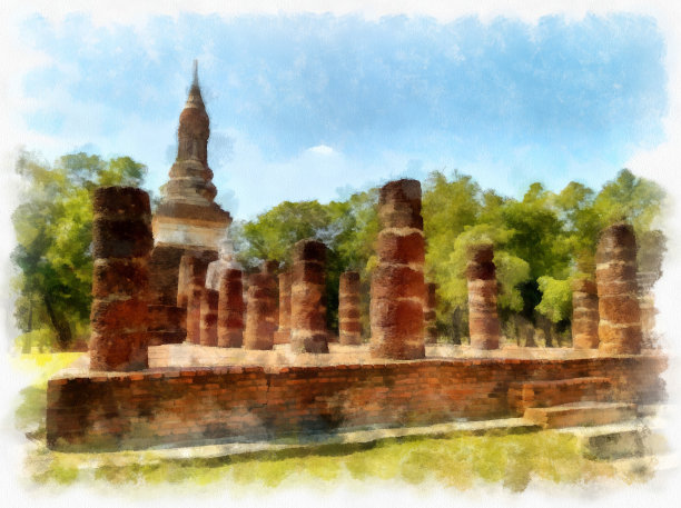 风景古遗址在素可泰世界遗产泰国水彩风格插画印象派绘画。图片下载