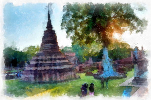 风景古遗址在素可泰世界遗产泰国水彩风格插画印象派绘画。图片下载
