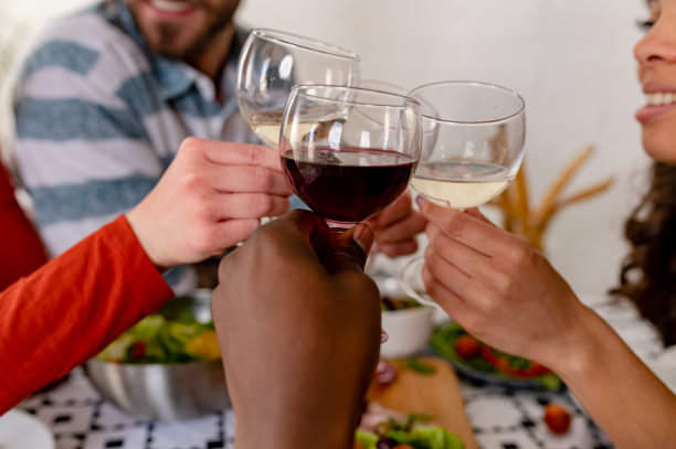 年轻快乐的各色人在家里共进午餐。敬酒,酒。一群快乐的朋友在餐桌边吃饭边敬酒。图片下载