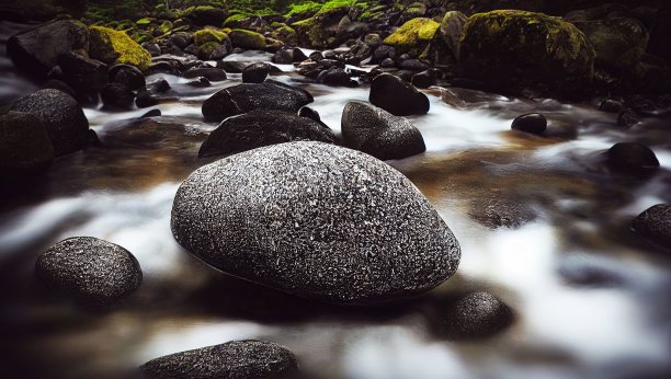 现实插画的岩石河与平滑的水在树林里图片下载