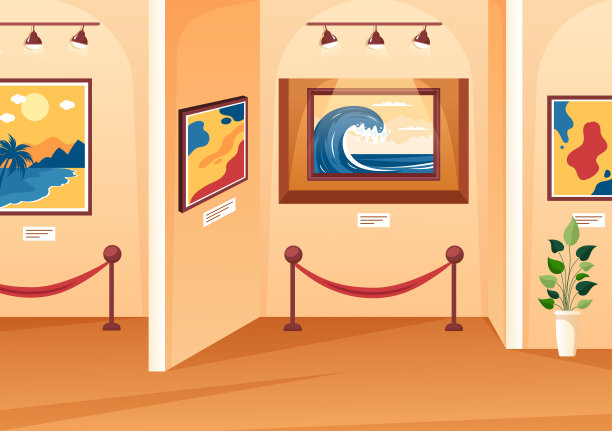 美术馆美术馆的参观者观看现代抽象画在当代和照片在平面卡通手模板插图图片下载