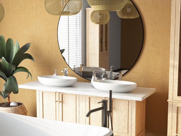 舒适的米色浴室，带水槽和木制家具图片下载