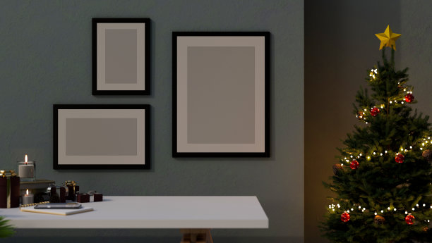 客厅圣诞节室内用圣诞树，蓝色的墙用框架模型图片下载