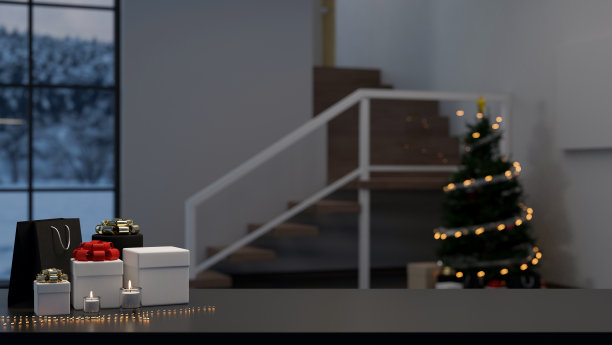 复制空间黑色桌面与惊喜礼盒模糊客厅与圣诞树图片下载