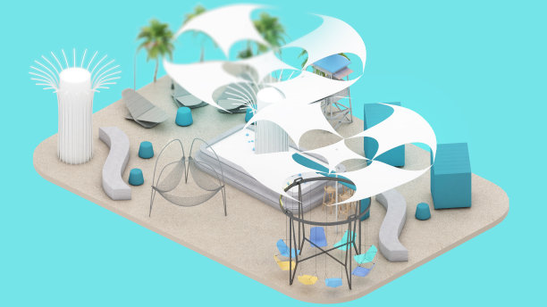 沙滩椅和沙滩沙滩的等距视图，在沙滩和运动场度假旅行，3D渲染图片下载