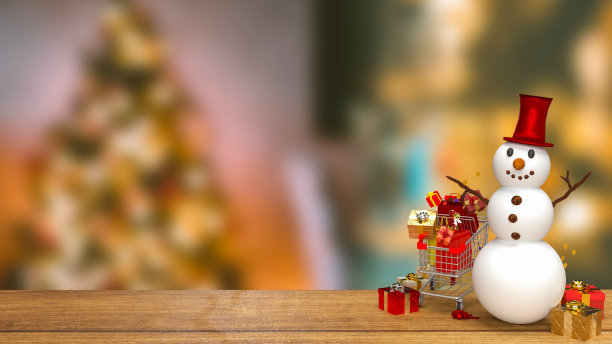 雪人和购物车的假期概念3d渲染图片下载