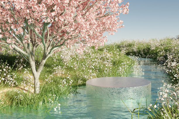 3D渲染，平台和自然平台背景的河流与草，花田和樱花树的产品摊位展示广告化妆品或护肤品与空圆形舞台图片下载