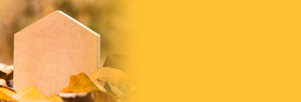 玩具木屋在秋天的秋叶上，复制空间。买新房，按揭，租房的概念。横幅图片下载