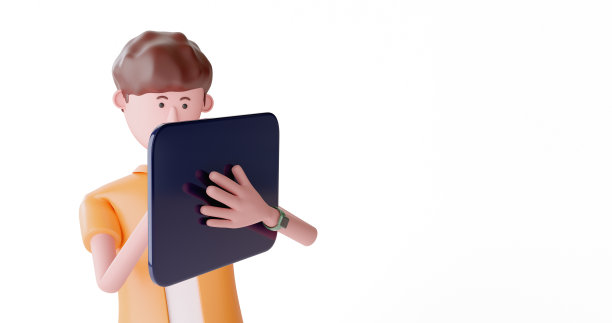 3d卡通微笑的商人手里拿着平板电脑，看着白色背景的相机。图片下载