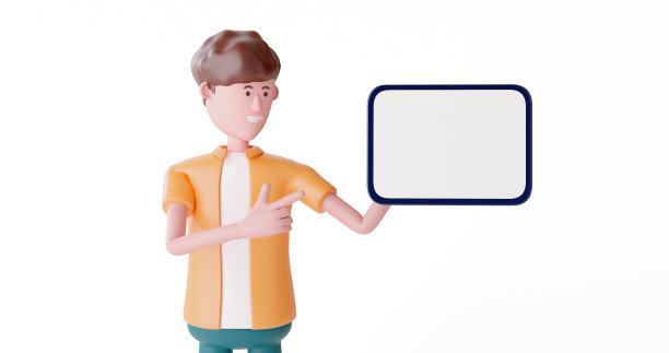 3d卡通微笑的商人手里拿着平板电脑，看着白色背景的相机。图片下载