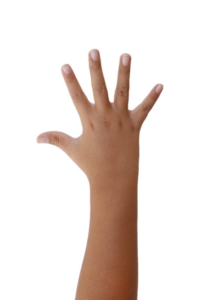 在白色孤立的背景上，露出五个手指的小孩的手图片下载