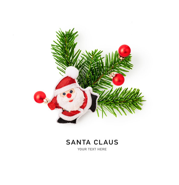 圣诞老人，冷杉树和红球。白色背景的圣诞装饰图片下载