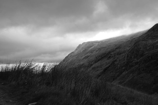 灰暗天空下长满草的山的灰度照片图片下载