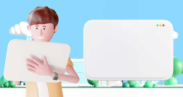 3d卡通微笑的商人手里拿着平板电脑与大平板电脑的拷贝空间，演示，推广。图片下载