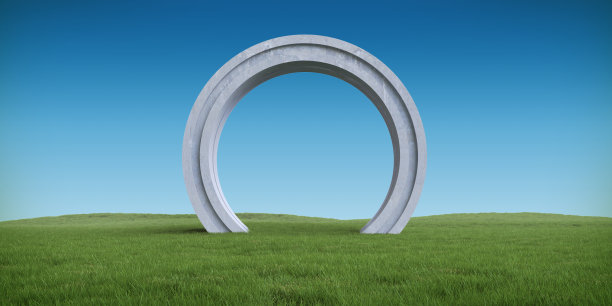 抽象逼真的3d插图。创意现代超现实环境全景背景。美丽的自然景观，绿色的草地和圆弧，门或门。最小的幻想艺术渲染。图片下载