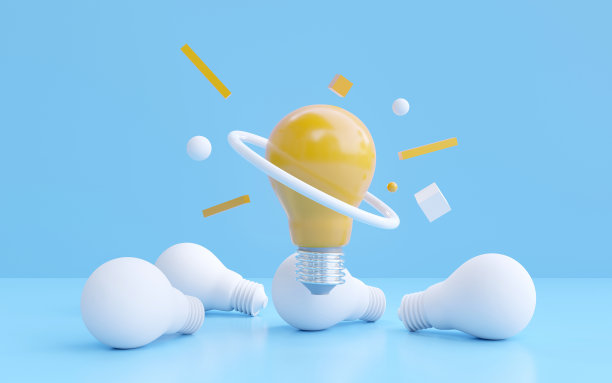 发光的黄色灯泡与球环现代几何。创新观念，新创新知识和学习。图片下载