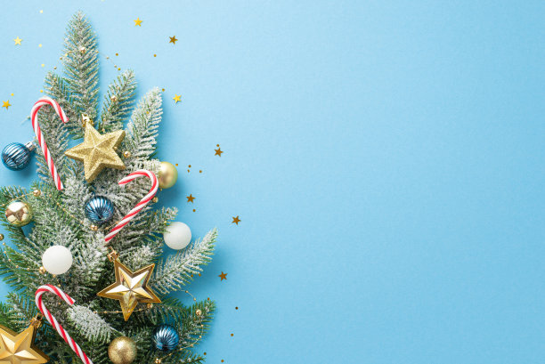 圣诞树装饰概念。俯视图照片，杉木装饰白色蓝色和金色的小饰物，糖果拐杖，明星饰品和纸屑在孤立的淡色蓝色背景与空白图片下载