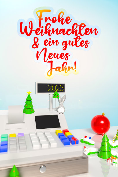 背景是收银机周围的圣诞树和装饰，上面用德语写着圣诞快乐和新年快乐。以节日为主题的模板在商店和零售图片下载