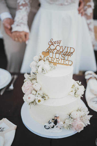 新婚夫妇切婚礼蛋糕库存照片。图片下载