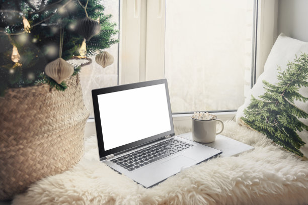 冬天的咖啡与棉花糖在舒适的窗台与圣诞冷杉枝。图片下载