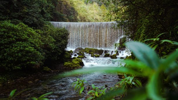 贵州荔波瀑布从低角度拍摄的迷人展示图片下载