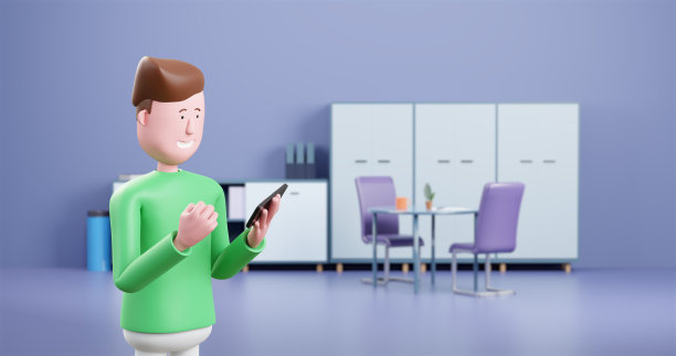 快乐的3d卡通人物商人使用智能手机。3 d渲染。图片下载