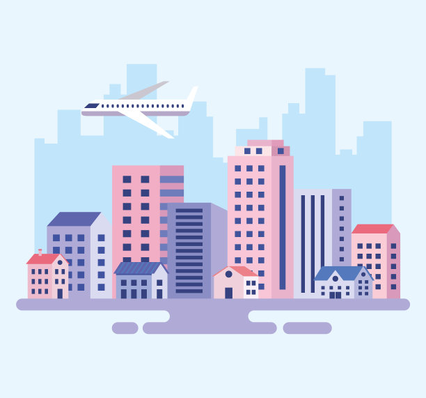 有飞机飞行的城市风景图片下载