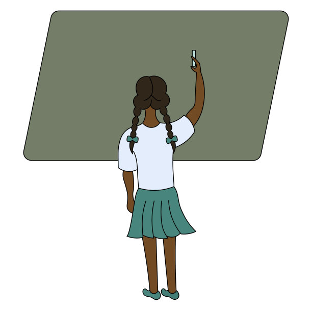 扎着小辫子的非裔美国女学生用粉笔在黑板上写字，从后面看图片下载