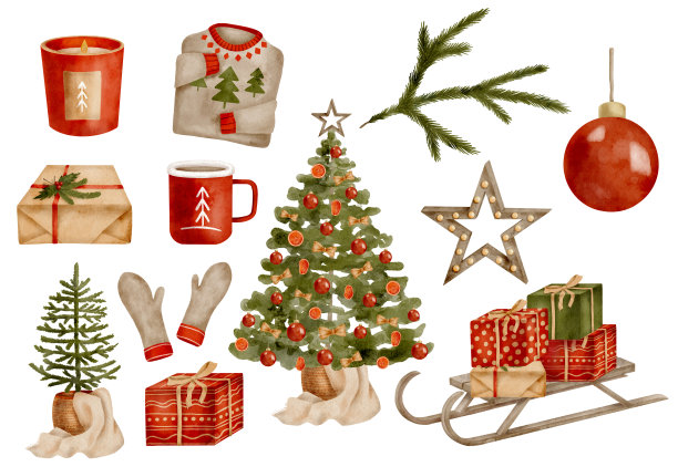 水彩圣诞元素套装。手绘装饰的冷杉树在篮子，热可可马克杯，雪橇与礼品盒，蜡烛，毛衣，手套孤立在白色背景。舒适的新年假期剪贴画。图片下载