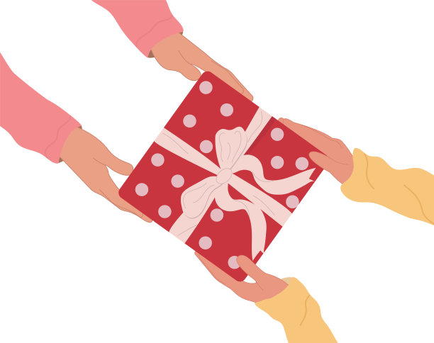 节日礼物，赠品，爱心，恭喜。手把礼物传递给另一只手。圣诞节、新年庆祝插画。向量图片下载