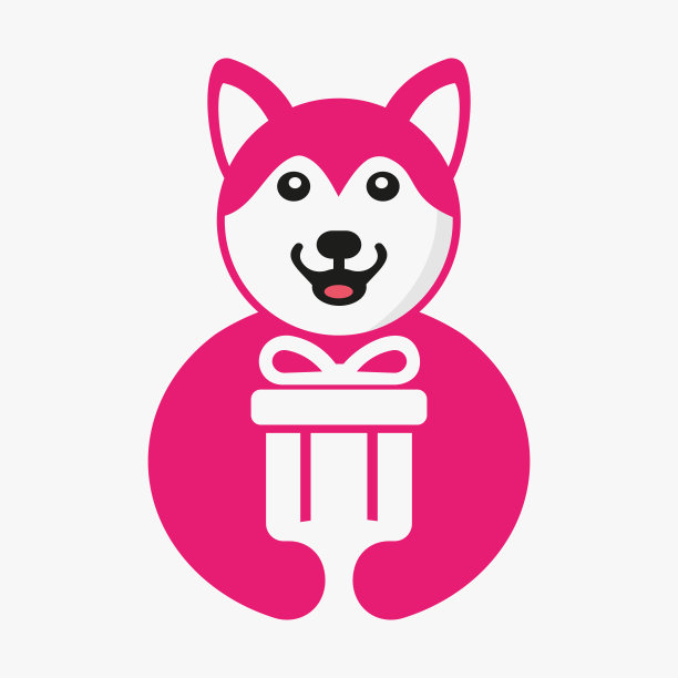 哈士奇礼物标志负空间概念矢量模板。哈士奇手持礼盒符号图片下载