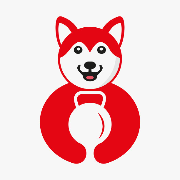 哈士奇健身房标志负空间概念矢量模板。哈士奇手持健身标志图片下载