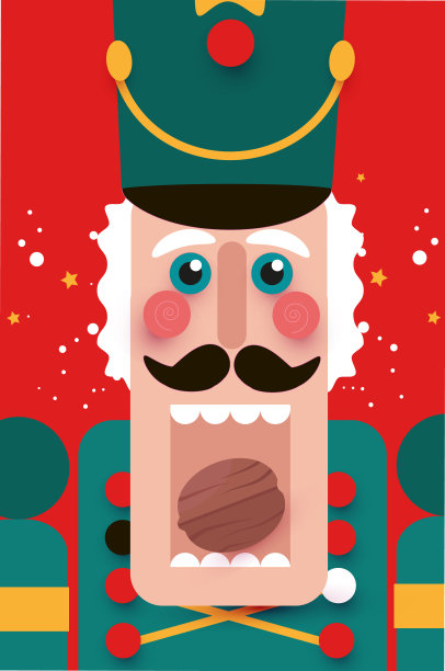 张开嘴的胡桃夹子和坚果。剪纸风格的娃娃守卫。可爱的玩具士兵。12月芭蕾舞。创意圣诞快乐邀请函。新年快乐。寒假就红了。图片下载