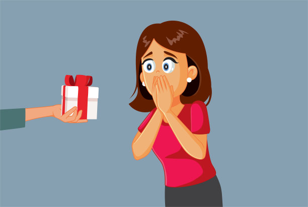 惊讶的女人收到了圣诞礼物矢量卡通插画图片下载