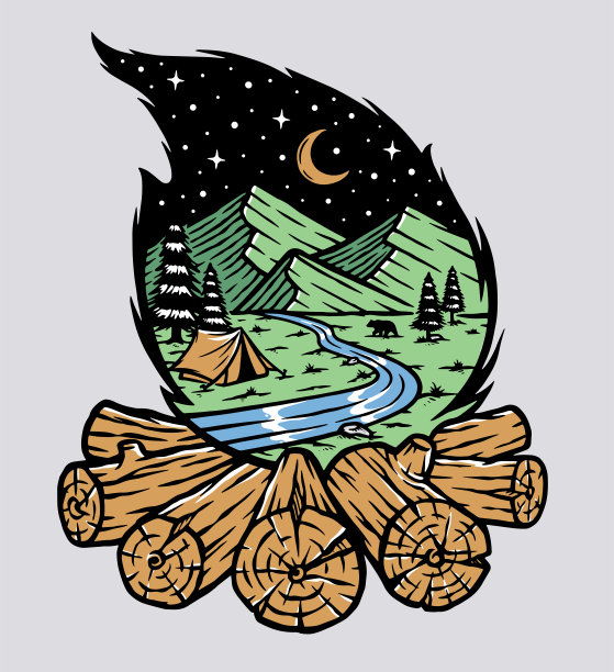 夜景山景内篝火剪影插图图片下载