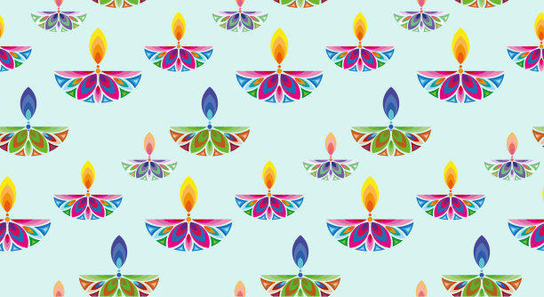 无缝排灯节印度庆典彩色图案纹理。图文横幅模板设计的印度花Diya油灯，现代设计在充满活力的色彩。向量的背景图片下载