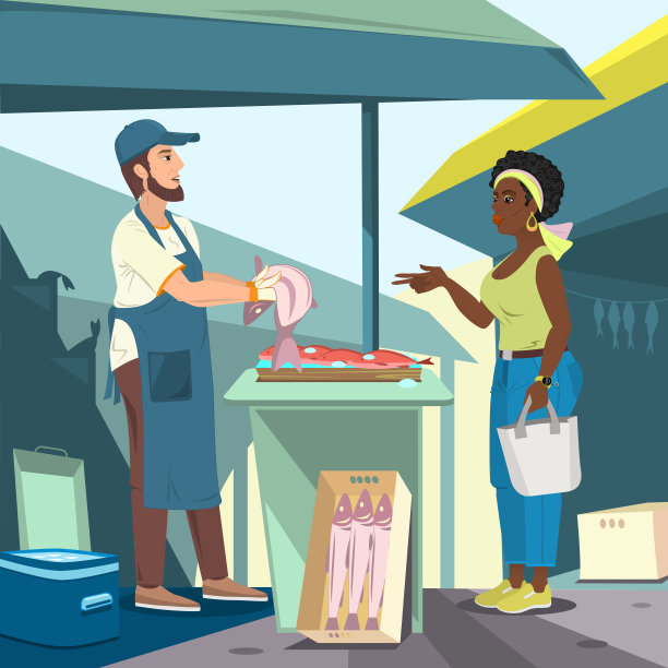 鱼市场，男人卖，女人买。贸易帐篷与设备，商品的分类。商业和服务。图片下载