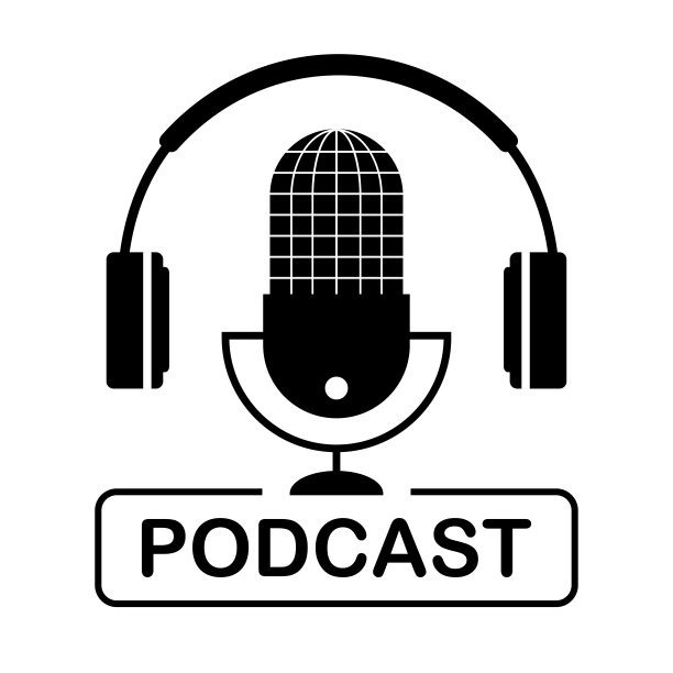 播客图标。脱口秀节目的标志。带耳机和铭文的大麦克风。白色背景上的单色标签。设计元素的模板。图片下载