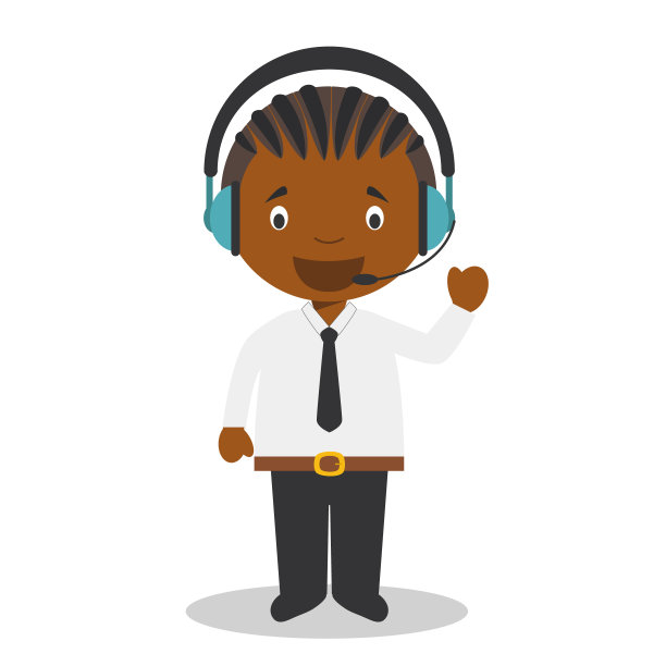 可爱的卡通矢量插图的黑人或非裔美国男性电话销售电话接线员。图片下载