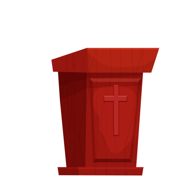 木质讲坛与十字架，演讲人讲台与麦克风纹理在白色背景上孤立的卡通风格。矢量图图片下载